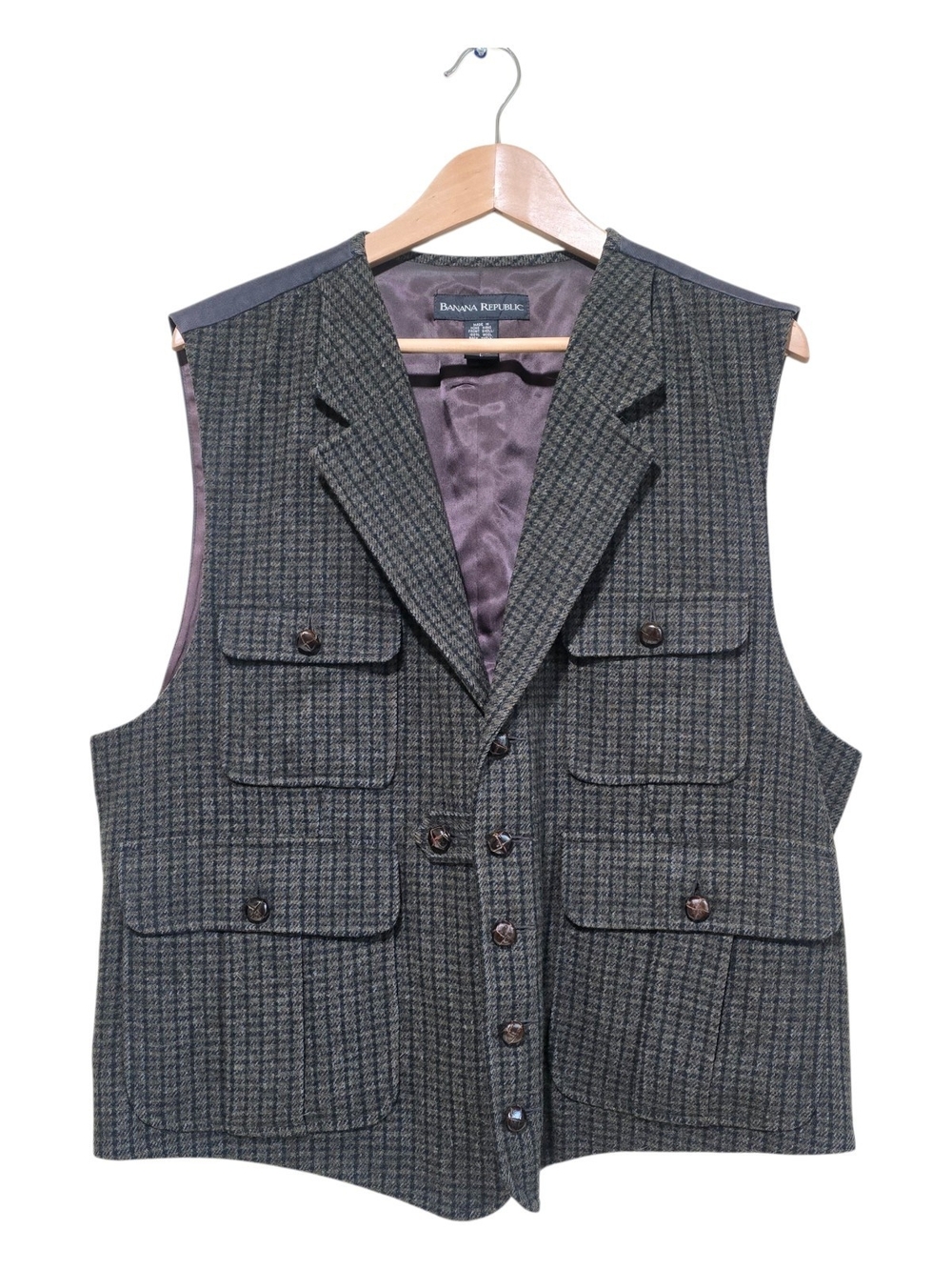 Vintage 80 / 90s Banana Republic Men's Wool Plaid Utility Safari Vest L Heritage